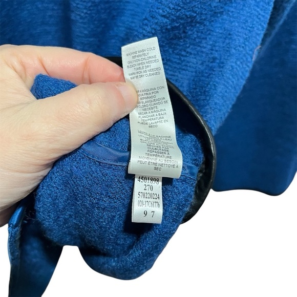 CHICO’S ~ Blue Wool Blend Coat with Black Piping and Raw Hem Details - Picture 4 of 8